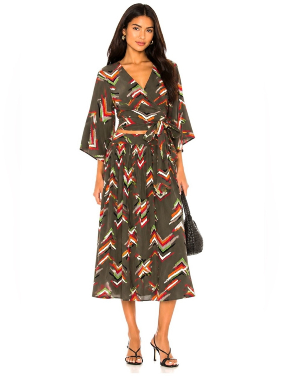 Silk Two-Piece Wrap Top & Midi Skirt Set | Fits Large